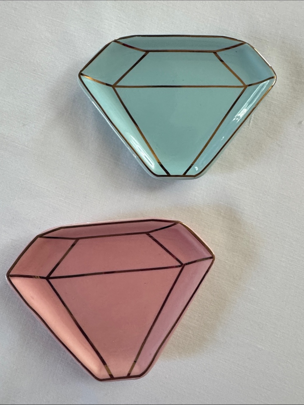 Diamond Trinket / Ring Dishes - Pink & Aqua with Gold Trim, set of 2